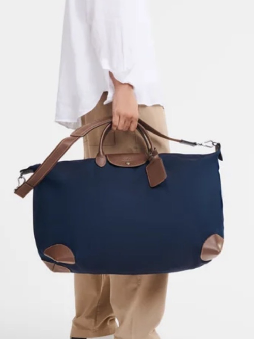 New! Longchamp Navy Duffel with Brown Leather Trim